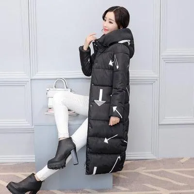 Women Long Coat Fashion Design Print Thick Padded Down Cotton Slim Jacket