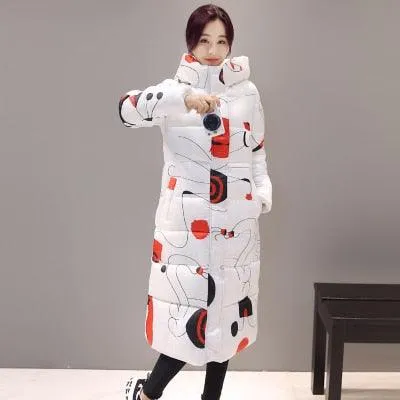Women Long Coat Fashion Design Print Thick Padded Down Cotton Slim Jacket