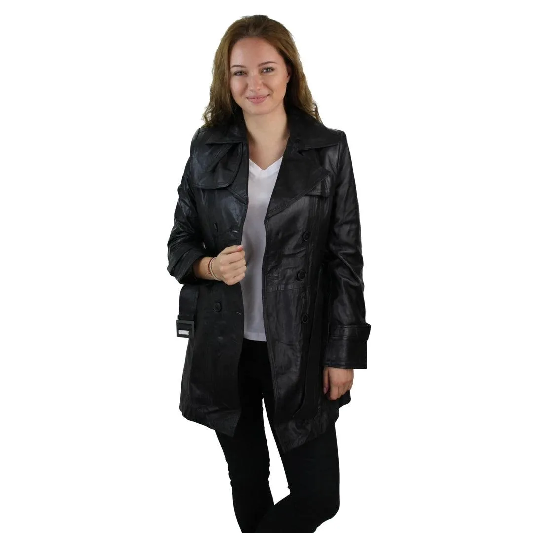 Women's 100% Real Mid Length Military Blazer Retro Leather Jacket Black