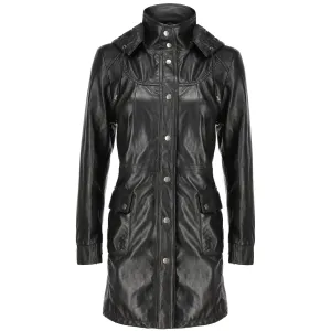 Women's Real Black Leather Trench Coat with Removable Hood