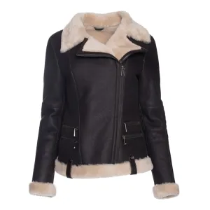 Women's Vanilla Faux Fur Merino Shearling Brown Leather Jacket